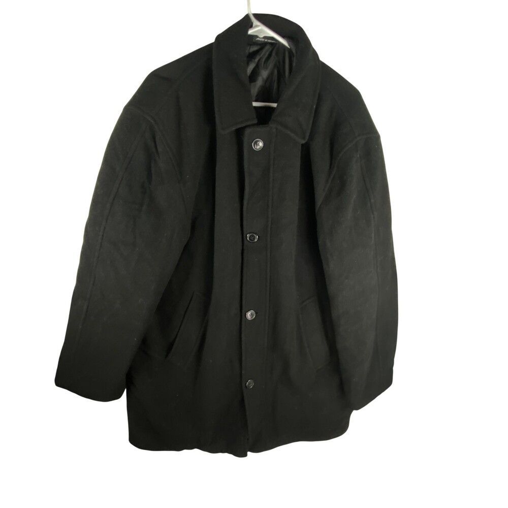 Chaps Coat Mens 42L Black Wool Quilted Lined Button Front Overcoat Classic